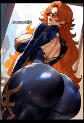 ai_generated bottom_heavy curvy_figure evilkuro05 genshin_impact hoyoverse long_hair looking_back mavuika_(genshin_impact) mihoyo voluptuous_female