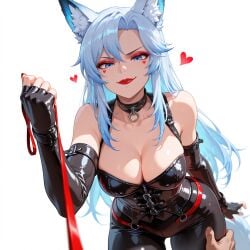 ai_generated blue_eyes blue_hair cleavage collar corset dominatrix femdom fingerless_gloves fox_ears fox_girl fox_tail leash looking_at_viewer looking_down makeup red_hair red_lipstick smugalana tail