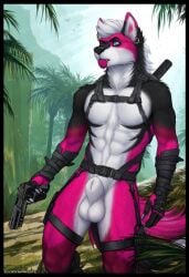 abs animal_genitalia anthro balls black_border border canid canine clockhands genitals gun harness hi_res looking_aside male mammal nude outside ranged_weapon sheath solo standing weapon xerxes_(xerxeswolf)