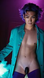 1boy ai_generated asian caged_cock celebrity choi_su-bong_(thanos) jacket jacket_open leggings male_only messy_hair muscular muscular_male neon_lights netflix pecs pectorals penis_cage purple_hair rapper squid_game teasing