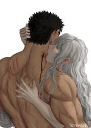 2boys berserk blood gay griffith_(berserk) gripping_hair guts_(berserk) licking scratches_on_back sensual