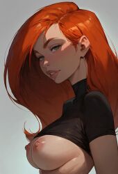 ai_generated breasts breasts_out green_eyes kim_possible long_hair nipples red_hair uncensored uncensored_breasts