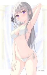 arm_behind_back armpits bare_arms bare_belly bare_legs bare_shoulders bare_thighs belly_button bikini blush braided_hair breasts cleavage collarbone elf emilia_(re:zero) front-tie_bikini_top grey_hair groin hair_ornament hair_ribbon hand_on_own_thigh komura_hiroto long_hair medium_breasts parted_lips pointy_ears puck_(re:zero) purple_eyes re:zero_kara_hajimeru_isekai_seikatsu shiny_skin side-tie_bikini_bottom standing thighs white_bikini