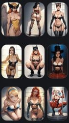 ai_generated batgirl blonde_hair brunette brunette_hair dc dc_comics female_only garter_belt garter_straps girls_only hairband harley_quinn hawkgirl lingerie lingerie_only looking_at_viewer masked masked_female panties pinup pinup_girl pinup_girls pinup_pose poison_ivy pole_dancer pole_dancing purple_hair raven_(dc) red_hair softcore supergirl wings wonder_woman zatanna