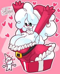 big_breasts blush breasts christmas christmas_outfit cleavage clothed clothing female heart heart_symbol holidays pillewdy pillow pillowy_(pillewdy) watermark