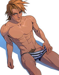 1boy abs brown_hair flashing foxbravo male_focus male_only muscular naughty_face nipples pecs penis scar sitting solo thumb_in_waistband topless underwear undressing