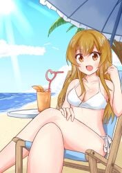 beach beach_chair beverage bikini blush breasts d4dj ocean outdoors sinocya straw sun swimsuit umbrella water yamate_kyoko