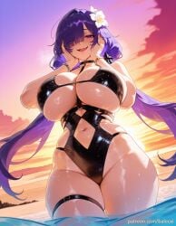 ai_generated azur_lane balecxi blush bracelet curvy female hair_flower hair_ornament hair_over_one_eye hands_on_own_cheeks hands_on_own_face huge_breasts jewelry long_hair looking_at_viewer mogador_(azur_lane) navel one-piece_swimsuit open_mouth outdoors patreon_username purple_eyes purple_hair skindentation smile solo sunset swimsuit thick_thighs thigh_strap twintails wading water wet