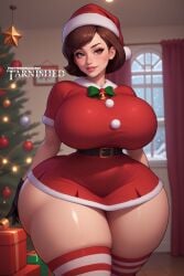 ai_generated big_breasts bloodytarnished brown_eyes brown_hair christmas_outfit christmas_tree cleavage curvaceous curvy_female female female_only gloves hat helen_parr hourglass_figure huge_thighs indoors large_breasts light-skinned_female light_skin milf miniskirt mistletoe pixar santa_costume santa_hat short_hair standing stockings the_incredibles thick thick_thighs voluptuous voluptuous_female wide_hips