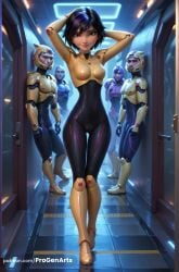 ai_generated armor arms_behind_head arms_up big_hero_6 big_hero_6:_the_series black_hair bodysuit breasts brown_eyes cameltoe covered_navel full_body gogo_tomago helmet hi_res indoors lips looking_at_viewer marvel marvel_comics medium_breasts multicolored_hair multiple_girls nose parted_lips progenarts purple_hair short_hair skin_tight small_breasts smile standing streaked_hair thigh_gap tile_floor walking watermark web_address