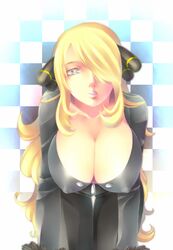 all_fours bad_id blonde_hair breasts cleavage cynthia cynthia_(pokemon) erect_nipples female female_only hair_over_one_eye huge_breasts human human_only large_breasts leaning_forward lips lipstick long_hair looking_at_viewer makeup naoto_(yandereheaven) nintendo nipple_bulge open_mouth pink_lipstick pokemon pokemon_dppt solo solo_focus thick_thighs thighs very_long_hair wide_hips