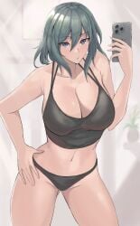 1girls black_panties blue_eyes byleth_(fire_emblem) byleth_(fire_emblem)_(female) calmgreentori cleavage english_text female female_only fire_emblem fire_emblem:_three_houses hair_between_eyes hand_on_hip large_breasts light-skinned_female light_skin mirror nintendo panties phone selfie solo teal_hair text underwear