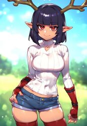 ai_generated antlers black_hair elf_ears eye_contact female gloves pixie_cut red red_eyes red_gloves seductive_expression short_hair smirk smug_expression teasing usebackdooronly