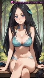 1girls ai_generated anime anime_style aqua_bra aqua_panties arm_support asian bangs bare_arms bare_shoulders bench bikini black_hair blue_bra blue_eyes blue_panties blush bra breasts bust busty cleavage closed_mouth clothing collarbone crossed_legs day feet_out_of_frame female female_focus female_only female_solo forehead forest green_panties hair_ribbon hentai lace-trimmed_bra large_breasts lingerie lips long_hair looking_at_viewer natsuyoru nature navel outdoors panties pantsu parted_bangs parted_hair ribbon sadeena shiny sitting smile solo solo_female stomach tate_no_yuusha_no_nariagari the_rising_of_the_shield_hero thighs tree underwear underwear_only very_long_hair voluptuous voluptuous_female