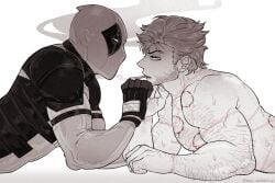 2boys arm_hair beard bite_mark bite_mark_on_back bite_mark_on_pecs bite_mark_on_shoulder bleeding blood blush bodysuit chest_hair cigarette clenched_hands couple deadpool deadpool_&_wolverine_(2024) facial_hair gay gloves hairy half-closed_eyes head_rest implied_nudity k4nc_wolverine large_pectorals logan_(x-men) looking_at_another lying male_focus marvel marvel_cinematic_universe mask monochrome mouth_hold multiple_boys muscular muscular_male on_stomach pectorals short_hair smoke smoking superhero_costume sweat veins veiny_arms wade_wilson wolverine_(x-men) x-men yaoi