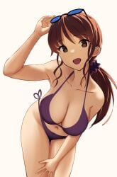 bikini breasts brown_eyes brown_hair cleavage eyewear_on_head female female_only grey_eyes halterneck hand_up highres large_breasts leaning_forward looking_at_viewer navel noel_(tsukihime) open_mouth ponytail purple_bikini raie_l side-tie_bikini_bottom simple_background smile solo swimsuit thick_thighs thighs tsukihime tsukihime_(remake) white_background