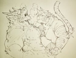 anthro closed_eyes dragon feline fluffy fur furry jeff kokuhane male mammal nipples nude smile sweat tiger yaoi