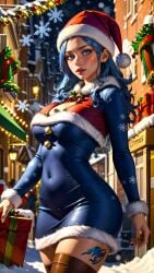 0assult0 ai_generated anime babe beautiful beautiful_females belly_button big_boobs blue_dress blue_hair buildings busty busty_female christmas christmas_decorations christmas_headwear city city_lights fairy_tail female gift gift_box guild high_boots juvia_lockser kawaii looking_at_viewer plump snow snowflake stable_diffusion street tattoo tattoo_on_legs thick_thighs witch wrapped young_woman