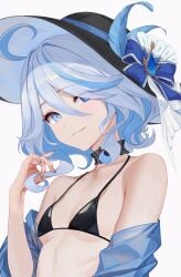 ahoge antenna_hair bangs bare_shoulders bikini bikini_top black_bikini black_choker blue_eyes blue_hair breasts choker closed_mouth collarbone eyebrows_visible_through_hair female flower hair_between_eyes hand_up hat looking_at_viewer multicolored_hair off_shoulder ribbon shirt short_hair silver_hair smile solo streaked_hair striped striped_background swimsuit upper_body vertical_stripes