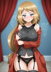 ai_generated bare_shoulders black_lingerie black_panties blush busty coat creatures_(company) curtains curvy facing_viewer female female female_only game_freak garter_straps hi_res highres lingerie lingerie_under_clothes long_coat nintendo panties pantyshot pokemon pokemon_(game) pokemon_trainer pokemon_xy pose seraphim_ai serena_(pokemon) smile solo squeezing_breast squeezing_own_breasts stable_diffusion