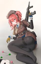 absurdres ahoge beret blush breasts candy expressionless feet_out_of_frame food girls'_frontline girls'_frontline_2:_exilium gloves gun h&k_mp7 hair_ornament hairclip hat highres jacket lollipop looking_at_viewer medium_breasts medium_hair mp7_(girls'_frontline) no_shoes pantyhose personal_defense_weapon red_hair shen_yangyang side_ponytail solo submachine_gun suppressor thighband_pantyhose trigger_discipline weapon yellow_eyes_female