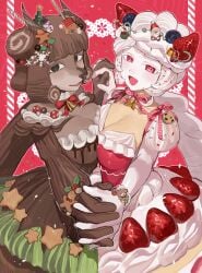 2girls big_breasts black_eyes brown_hair christmas dress horns huge_breasts humanoid long_hair oc oc_(sakoku) pink_eyes pink_hair ponytail red_eyes ribbon sakoku smile star sweets white_hair white_skin