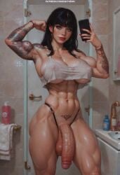 1futa ai_generated big_breasts big_penis cellphone futa_focus futa_solo futanari muscles muscular muscular_futanari selfie stable_diffusion tattoo tattoos