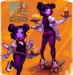 5_eyes big_butt chuf clothing cute cute_face fangs female food french_fries glasses hamburger meat meme monster_girl muffet skates spider_girl underswap undertale undertale_(series) waitress