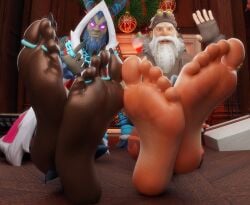 2boys 3d 3d_(artwork) ankles_crossed barefoot beard beckoning big_feet christmas christmas_present christmas_stocking christmas_wreath clothed clothed_male dark_blue_fur demon facial_hair feet feet_crossed fireplace foot_fetish foot_focus fortnite fortnite:_battle_royale gay glowing_eyes horns krampus krampus_(fortnite) looking_at_viewer male male_only mouth_open mrgtsfloop old_man older_male open_mouth ornament ornaments present presenting presenting_feet rings sgt_winter_(fortnite) sharp_nails sharp_toenails toe_ring toe_rings waving waving_hand white_hair winterfest wreath