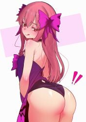 absurdres ass ass_focus back bare_shoulders black_panties blush bow breasts dead_apostle_noel_(tsukihime) dress female fukou fukou_da_man hairbow highres licking_lips long_hair looking_at_viewer looking_back noel_(tsukihime) panties pink_bow pink_hair purple_dress red_eyes small_breasts smile solo thighs tongue tongue_out tsukihime tsukihime_(remake) underwear