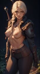 ai_generated belleros148 braid breasts cd_projekt_red ciri collar female light-skinned_female looking_at_viewer mascara nipples scar solo sword the_witcher_(series) the_witcher_4 white_hair