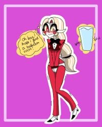 1girls charlie_morningstar_(hazbin_hotel) fluffyspideromo full_bladder fully_clothed hazbin_hotel need_to_pee omorashi solo standing text thought_bubble vivienne_medrano vivziepop water watersports