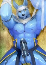 1boy abs bara blue_skin bulge chains chest cum erection furry looking_at_viewer male_focus muscle nipples pectorals penis solo thick_thighs thighs white_hair yellow_eyes