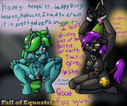 2015 abs anthro anthrofied birthday bottle bound breasts brown_eyes clexyoshi clitoris clitoris_piercing collar crouching cutie_mark dialogue duo english_text equine fall_of_equestria fan_character female genital_piercing gold green_hair hair hat horn horse kneeling mammal my_little_pony navel nipples nude party_hat penetration piercing pony purple_hair pussy shackles slave tail_wrap text unicorn vaginal_penetration vaginal_penetration wishy_washy