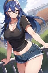 ai_generated allya big_breasts big_cleavage black_topwear blue_eyes blue_hair cleavage daisy_dukes earrings fire_emblem glasses hands_on_railing hotpants large_breasts large_earrings legs long_blonde_hair looking_at_viewer lucina_(fire_emblem) pearl_necklace railing short_pants slim_waist smiling smiling_at_viewer thick_legs thick_thighs thighs tiara tight_clothing tight_topwear