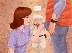 artist_request back_to_the_future being_watched brown_hair defeated disappointed dress emmett_brown faceless_male failure fully_clothed hand_in_pants imminent_oral incest light-skinned_female light-skinned_male lorraine_baines marty_mcfly mother_and_son non-nude older_male sexually_suggestive sfw time_paradox unzipping watching