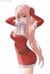 1girls aris4rt christmas christmas_clothing christmas_outfit doki_doki_literature_club female green_eyes monika_(doki_doki_literature_club) ribbon santa_dress solo solo_female solo_focus white_ribbon