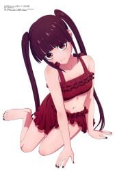 1girls absurdres arm_support artist_request barefoot bikini bikini_skirt black_nails blunt_bangs breasts brown_hair closed_mouth copyright_notice frilled_bikini frills full_body head_tilt highres light_smile long_hair looking_at_viewer megami_magazine navel official_art red_bikini red_eyes shinigami_bocchan_to_kuro_maid sidelocks simple_background sitting small_breasts solo swimsuit twintails viola_(shinigami_bocchan_to_kuro_maid) white_background yokozuwari