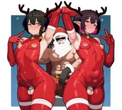 3boys absurdres armpits bare_shoulders black_hair chastity_cage choker christmas flat_chastity_cage hat highres horns latex leotard multiple_boys navel original red_eyes santa_hat skin_tight thigh_strap wuni_(dkadireks_6974) yellow_eyes zettai_ryouiki