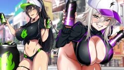 2girls baseball_cap bikini bikini_bottom_only black_eyes black_hair blonde_hair blurry blurry_background blush breasts can cleavage covered_erect_nipples drink_can enadori_oneesan_to_ecchi_shiyo? grin groin hair_through_headwear happy hat hayashi_cherry high_ponytail highres holding huge_breasts leaning_forward legs leotard long_hair looking_at_viewer multiple_girls nail_polish navel original outdoors shirt shrug_(clothing) smile standing thighs tied_shirt yellow_eyes