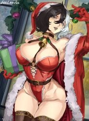 1girls absurd_res big_breasts black_hair christmas christmas_decorations christmas_outfit christmas_present female female_only geelawjik green_eyes green_lipstick leotard looking_at_viewer neck_bell santa_costume santa_hat smiling smiling_at_viewer solo thick_thighs two_tone_hair white_hair wide_hips yorra_villeneuve zirca_2036