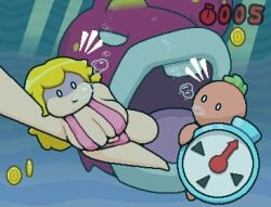 asphyxiation big_breasts big_thighs blonde_hair bubble bubbles coin coins drowning mario_(series) okami_tomato peril pink_bikini princess_peach shocked sling_bikini spike_eel_(super_mario_3d_land) stopwatch super_mario_3d_land surprised swimming timer tomato_(okami_tomato) underwater