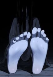 absurd_res ai_generated covering_face dim_lighting feet hair_covering_eyes hair_covering_face horror long_hair on_floor soles the_ring wet yamamura_sadako