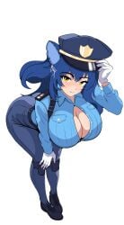 big_breasts blue_hair blush breasts breasts_cutout cat_ears catgirl hi_res large_breasts long_hair mole_under_eye neckline police_uniform policewoman shirt snezha snezhok thick_thighs virtual_youtuber vtuber yellow_eyes