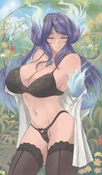 1girls big_breasts bra brighid_(xenoblade) cleavage closed_eyes core_crystal lingerie nintendo open_shirt panties purple_hair thighhighs xenoblade_(series) xenoblade_chronicles_2