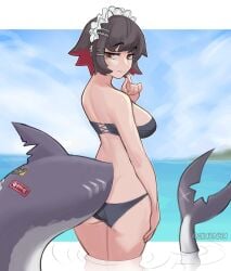 1girls bikini black_bikini black_hair ckatnha ear_piercing ellen_joe female hairclip looking_back maid_headdress mole mole_under_eye ocean partially_submerged piercing rear_view red_eyes red_hair shark_girl shark_tail short_hair solo solo_female tail two_tone_hair water zenless_zone_zero