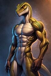 abs ai_generated anthro athletic athletic_anthro athletic_male biceps claws dinosaur dinosaur_skin dromaeosaurid male muscular muscular_anthro muscular_male nude pecs reptile scalie solo theropod