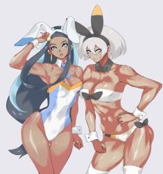 2girls alternate_version_at_source alternate_version_available bea_(pokemon) black_hair blue_hair bunny_ears dark-skinned_female dark_skin earrings female female_only grey_hair hoop_earrings huyamuyaz long_hair multicolored_hair nessa_(pokemon) playboy_bunny pokemon pokemon_ss short_hair skimpy skimpy_clothes two-tone_hair uya_(yurukah)