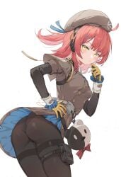 absurdres ass beret black_pantyhose brown_coat coat female from_behind girls'_frontline girls'_frontline_2:_exilium hair_ornament hairclip hand_on_own_hip hand_up hat highres lemures looking_at_viewer looking_back medium_hair mp7_(girls'_frontline) panties pantyhose pantyshot pouch red_hair solo thigh_pouch thigh_strap thighband_pantyhose two-tone_gloves underwear white_background yellow_eyes