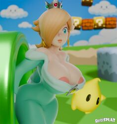 1girls 3d antidotetrl ass big_ass blonde_hair blue_dress blush breasts bubble_ass bubble_butt cleavage clothing crown dress ear_piercing earrings female female_focus hair hair_over_one_eye huge_ass large_breasts lips long_hair luma mario_(series) nintendo princess_rosalina sideboob star star_earrings stars super_mario_bros._wonder super_mario_galaxy
